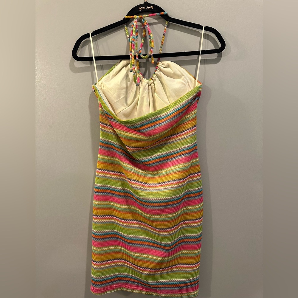 NWT Bailey Rose Striped Crochet Halter Mini Dress Size L Multicolor - Picture 4 of 6